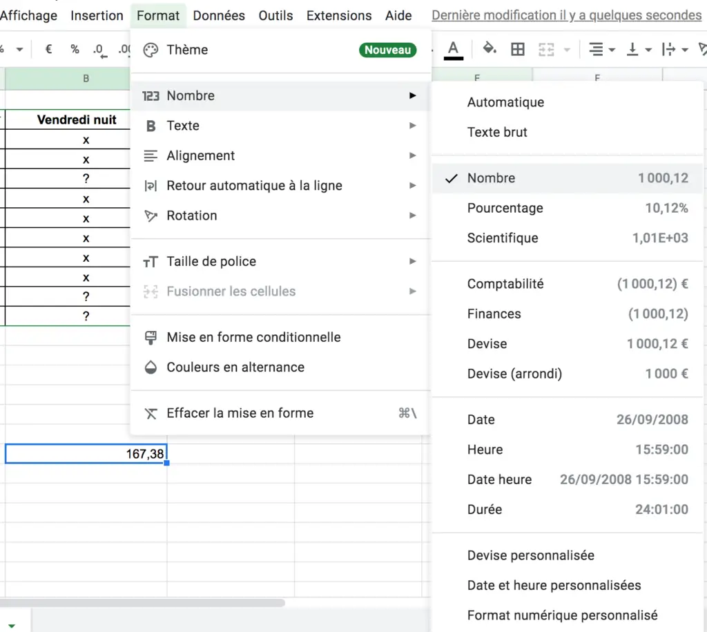 fonction de recherche fonctionne pas format cellule Google Sheets