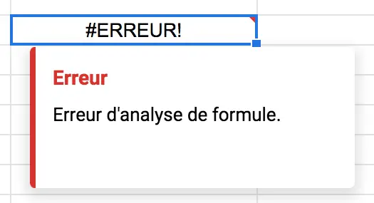 erreur affichage formule Google Sheets