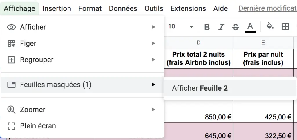 afișați foaia ascunsă Foi de calcul Google