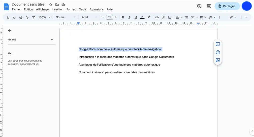 surligner texte google documents Google Docs sommaire automatique