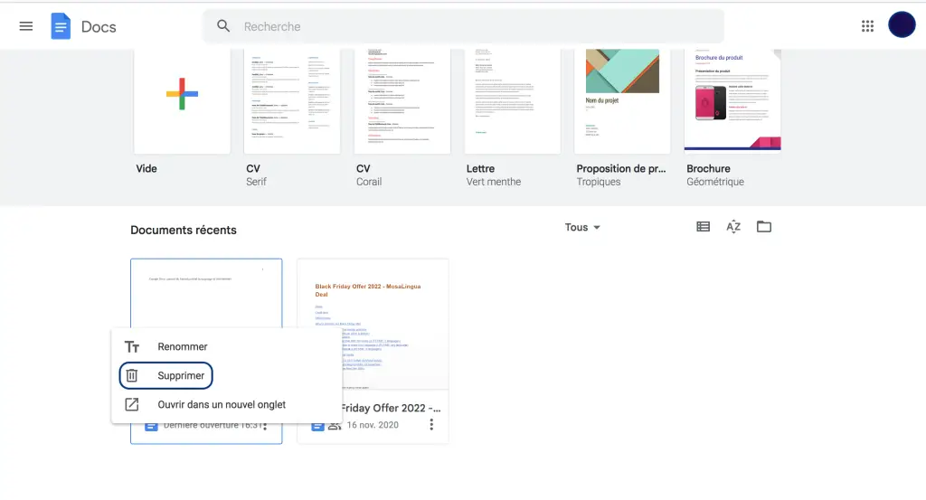 suppression Google Docs