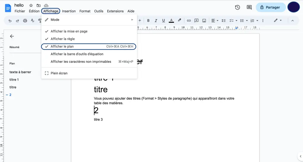Créer sommaire Google Docs