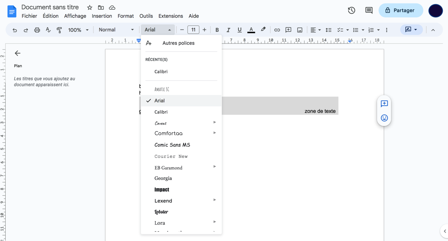 Google Docs ajouter une zone de texte à votre document